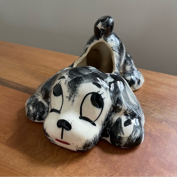 American Vintage Other - Vintage 1940s Hand Painted Cute Puppy Planter Black White Plant Dalmatian 6 x 7